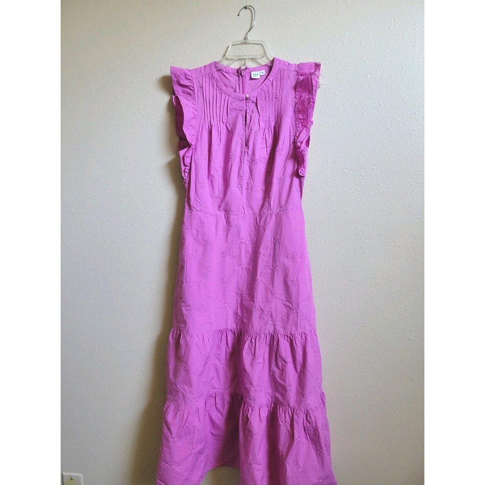 Gap Women's Pink Maxi Dress Tiered Embroidered‎ Short Ruffle Sleeve Pockets Sz 4